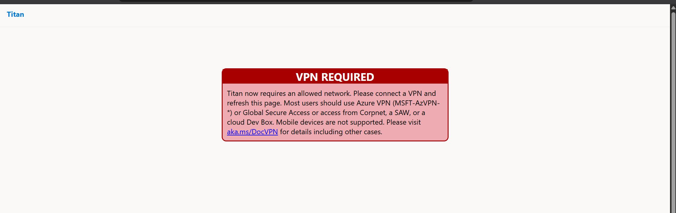 Corporate intranet interception page on Titan's frontend