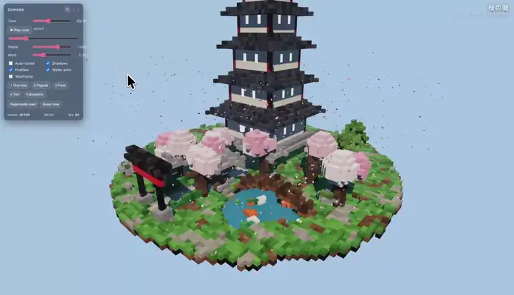 Generierter Voxel-Pagodengarten