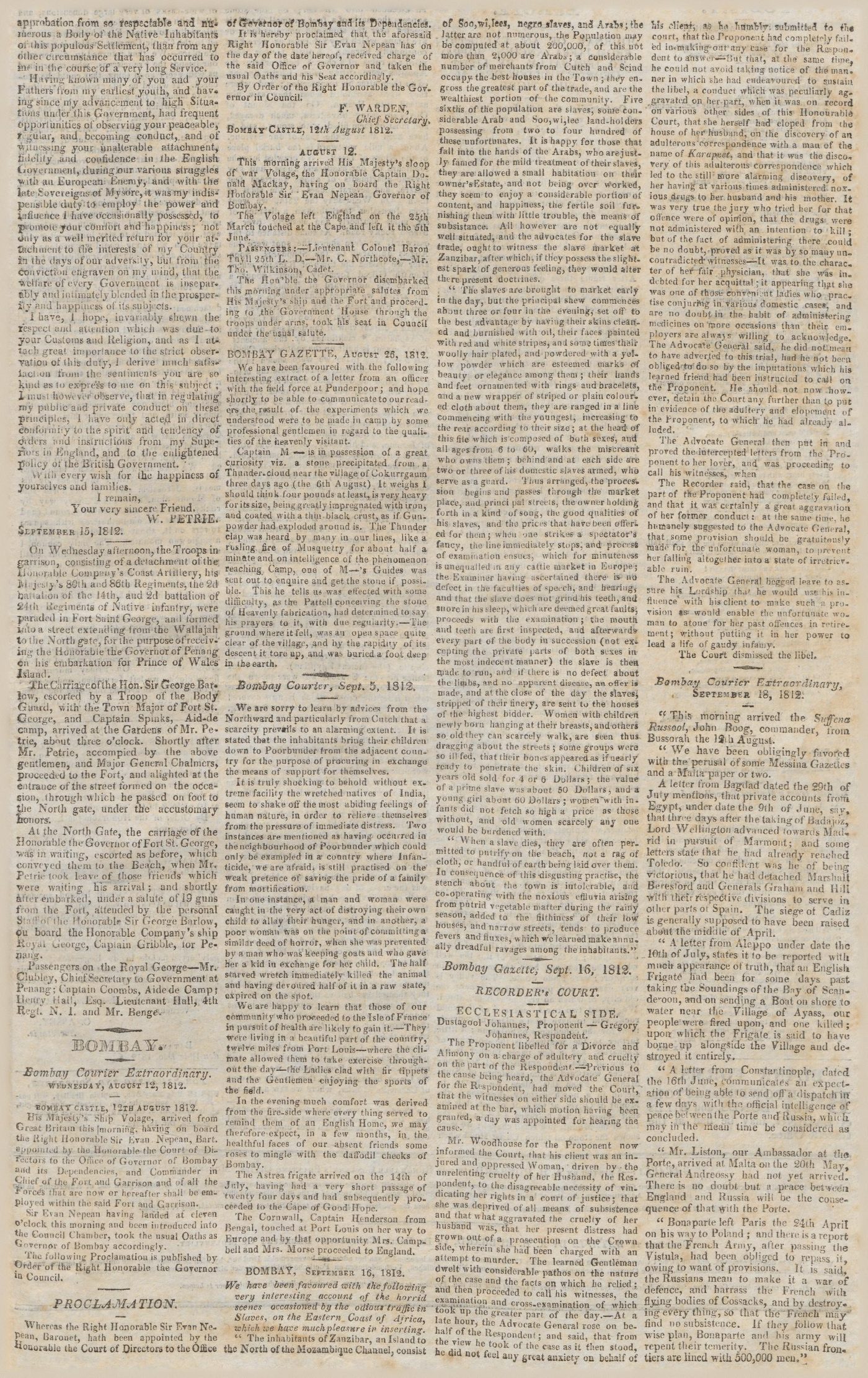 Newspaper clipping from Java Government Gazette, December 19, 1812