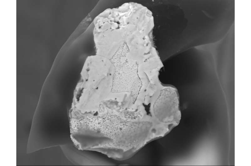 Cross-section of a radioactive hot particle ejected in 1986. Note the interlocking boundary between the dark uranium core and the grey zirconia cladding; reactor core temperatures fused fuel and protective cladding into an indivisible matrix. Source: Laura Stalmann / phys.org