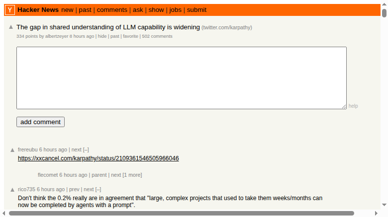 Hacker News discussion thread on Karpathy's post, with commenters divided between skepticism and validation