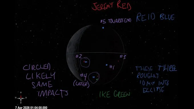 Astronauts plotted visual impact flash locations in three colors on a dark-Moon visualizer