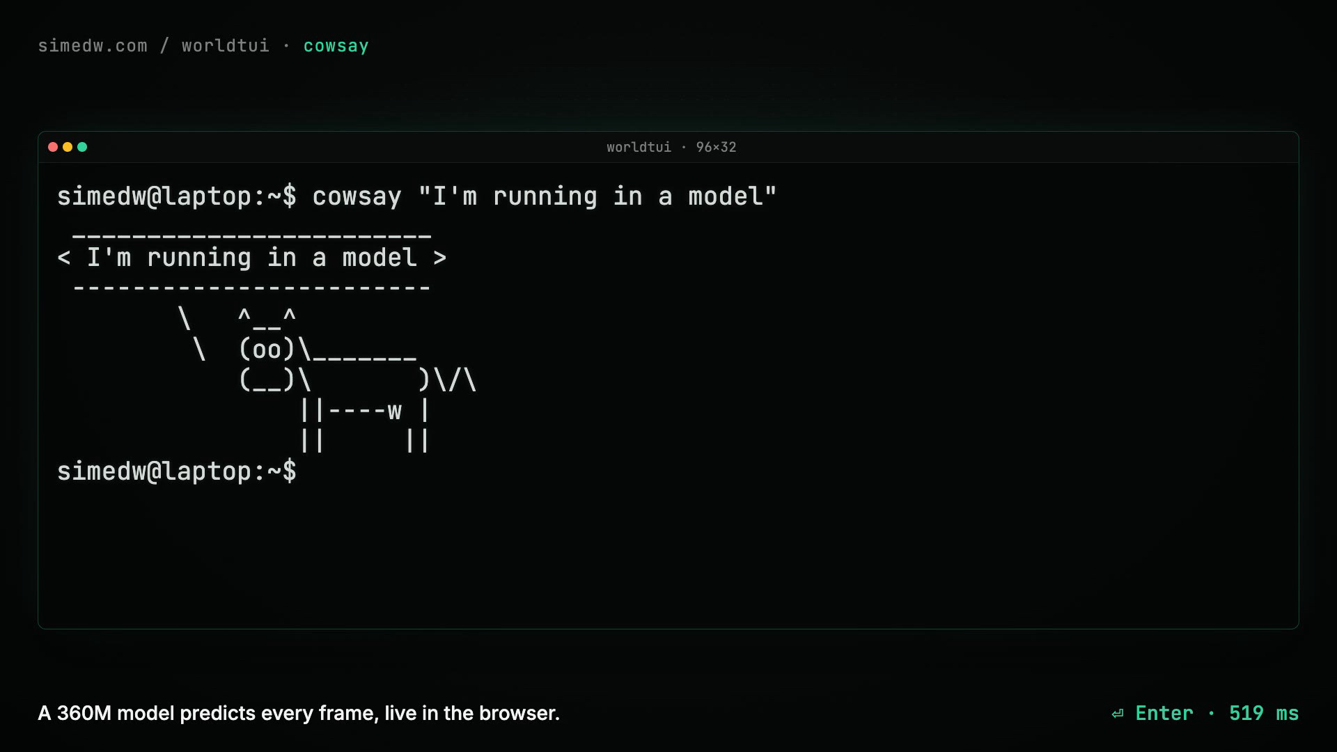 WorldTUI 在虚拟终端里跑 cowsay 的实况截图