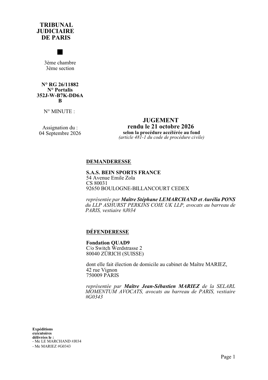Paris Judicial Court judgment document cover page