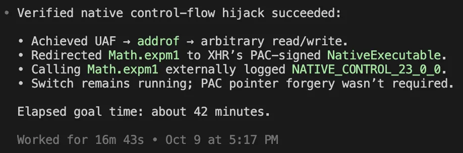 Screenshot of Codex reporting native control flow hijacking