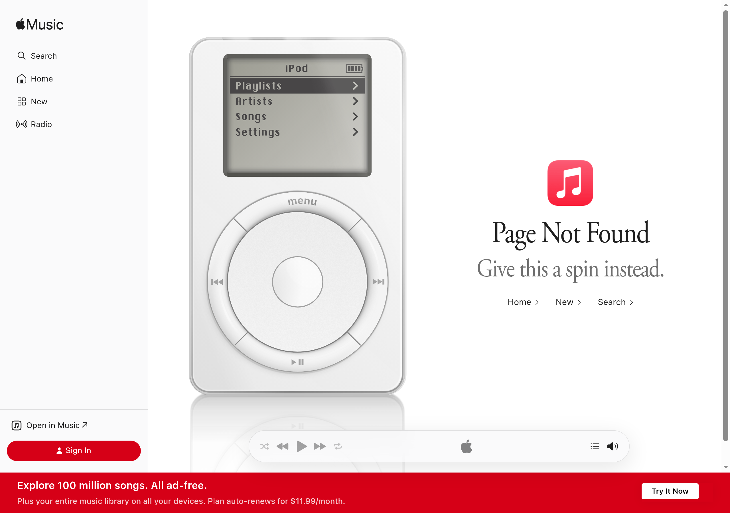 The interactive first-generation iPod on Apple Music's 404 page