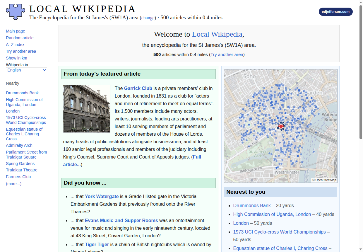 Screenshot of Local Wikipedia with location set to London SW1A