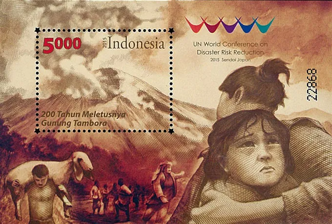 印尼邮票上的坦博拉火山喷发